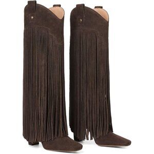 ⚡Women's Brown Fashion Fringe Boots with Square Toe Chunky Heel Pull On Suede